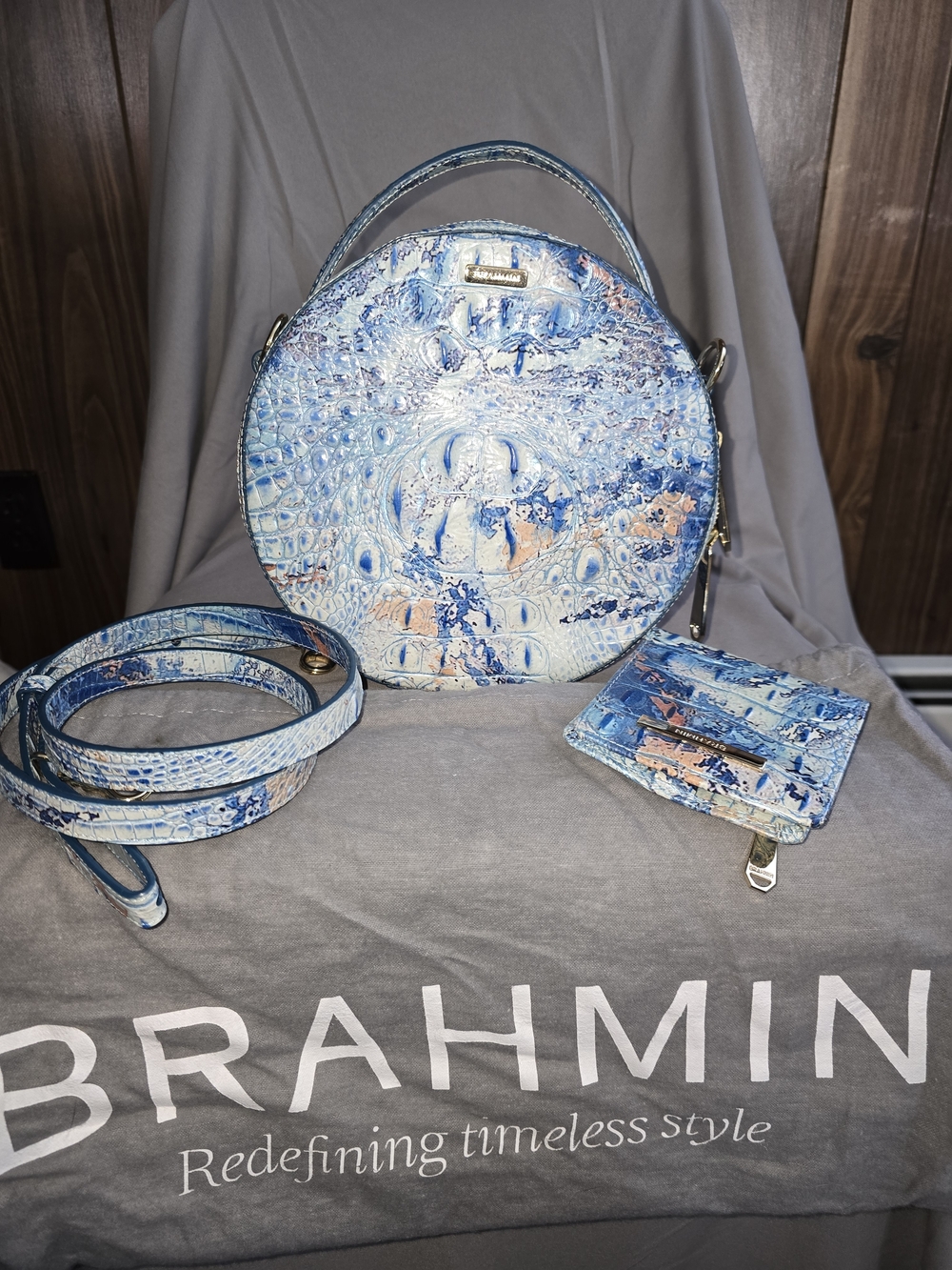 Brahmin Blue Marble Embossed Leather Circle Crossbody Bag